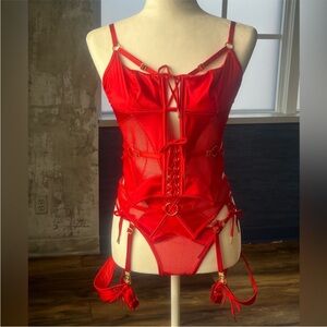 Honey Birdette Ganieve Red Lace-Up Corset, Garter and Panty Set
